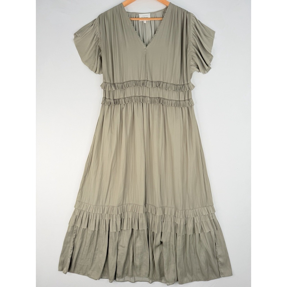 Bohme Willa Ruffle Dress SZ-XL Boho Olive Flutter Sleeve Satin Midi Peasant
